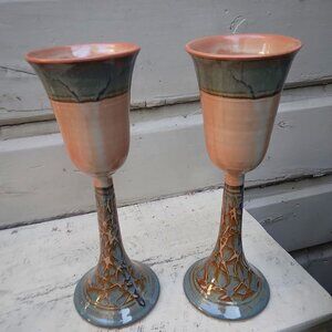 Gorgeous pair of Tall, Slender Hand Thrown and Glazed Stoneware Goblets